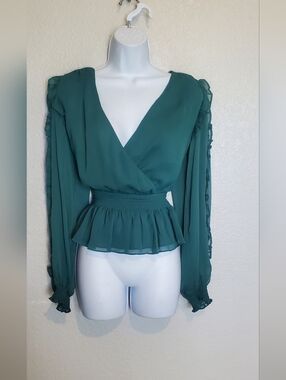 EXPRESS Emerald Green Peplum Faux Wrap Blouse Frill Smocked Long Sleeve Ruffle